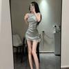 Однотонное летнее платье с асимметричным плечом, на кулиске, с плиссировкой, короткий рукав, в стиле Spice Girls, женское, с разрезом на талии, юбка