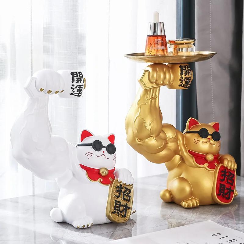 Статуэтки Golden Cat Muscle Arm Lucky Cat скульптура Украшения Поднос для хранения из смолы Подстаканник для хранения ключей Украшения