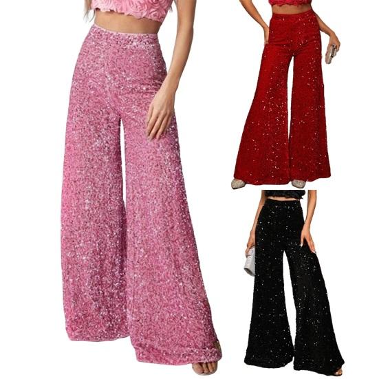 Женские брюки Эластичные с высокой посадкой Широкие брюки Блестящий дизайн Блестки Повседневные брюки Вечеринки Отпуск Уличная одежда