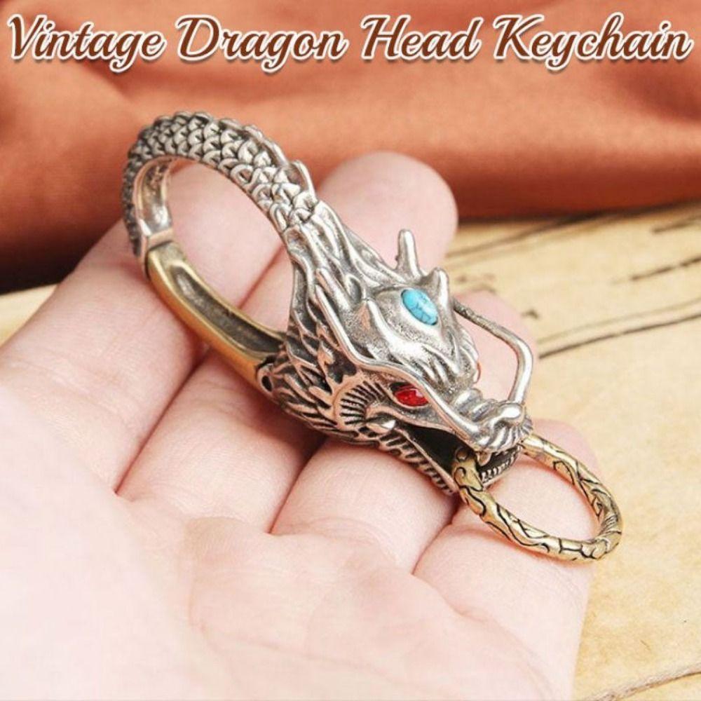 Rhinestone Inlay Copper Dragon Ornaments Vintage Key Ring Pendant Dragon Head Key Chains Office