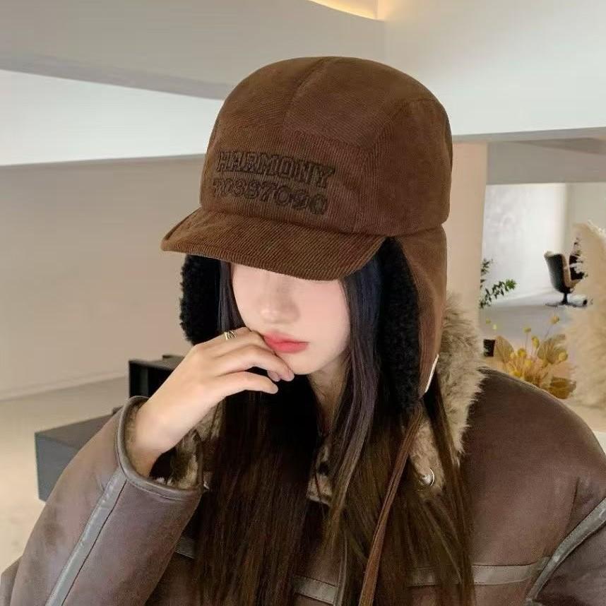 Letter embroidered corduroy Lei Feng hat children autumn and winter new plush warm ear protectors ski hat women