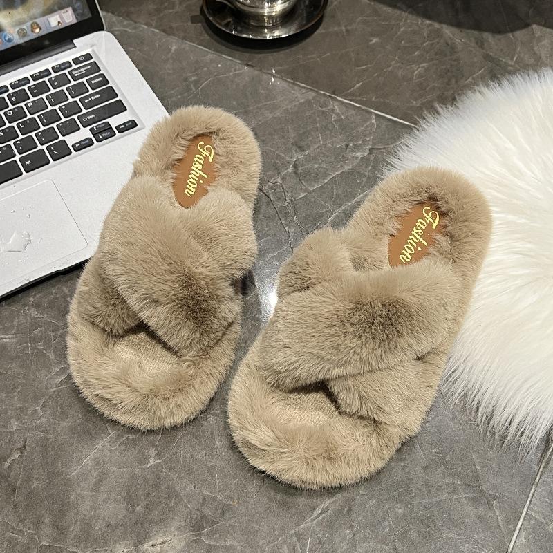 2024 Winter Women Home Indoor Casual Slippers Female Flip Flops Fluffy Shoes Cross Design Slides Ladies Soft Warm Plush Slipper