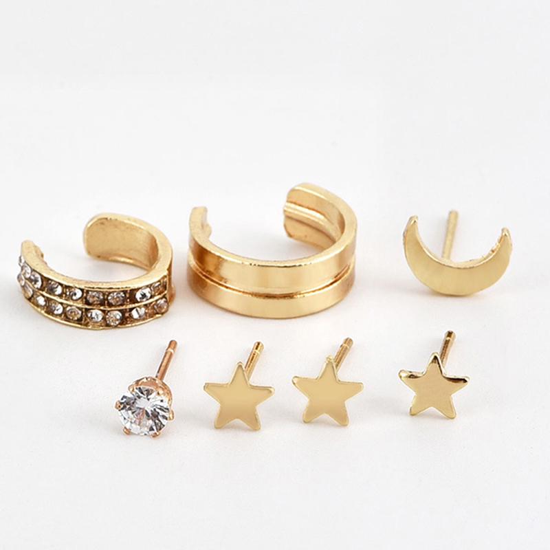 Золотая пятиконечная звезда и луна, полный бриллиант, зажим для ушей, женские серьги, комплект, костюм, трендовый стиль в стиле панк