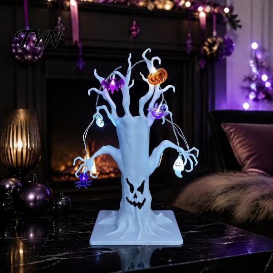 Desktop Decorations for Home Halloween Lighted Ghost Tree Centerpiece with LED Lights, Pumpkin Bat Spooky Desk Ornaments Spider Light String,