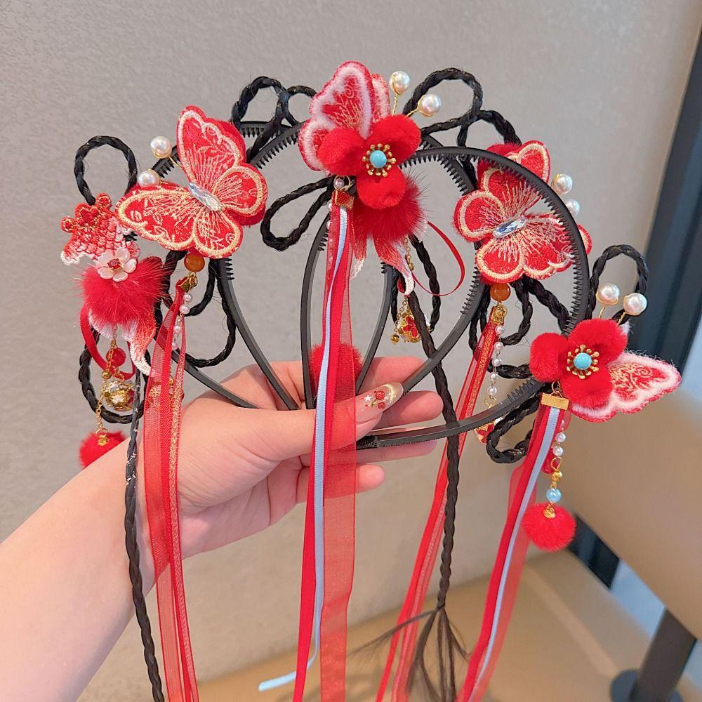 Головной убор на китайский Новый год «Бабочка», головной убор с цветком для ханьфу, милый детский парик-повязка для девочек