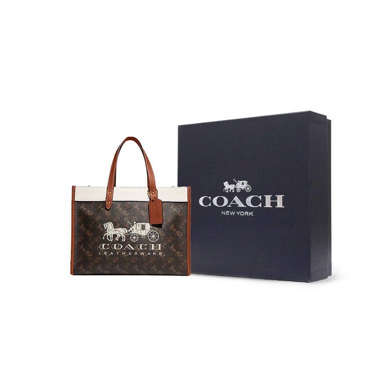 Coach Поле 30 Классическая сумка-тоут с принтом лошади и кареты Color Block Женские сумки-тоут Темно-коричневый Белый C8458-B4TXN