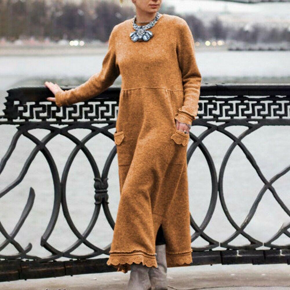 YYFS Женская мода весна осень однотонный принт длинный рукав О-образный вырез свободная талия повседневные платья