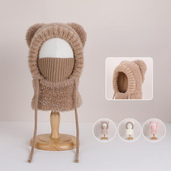 Детская шапка плюшевая с ушками медведя, теплая, ветрозащитная, зимняя, с защитой лица и функцией шейного платка, вертикальный головной убор