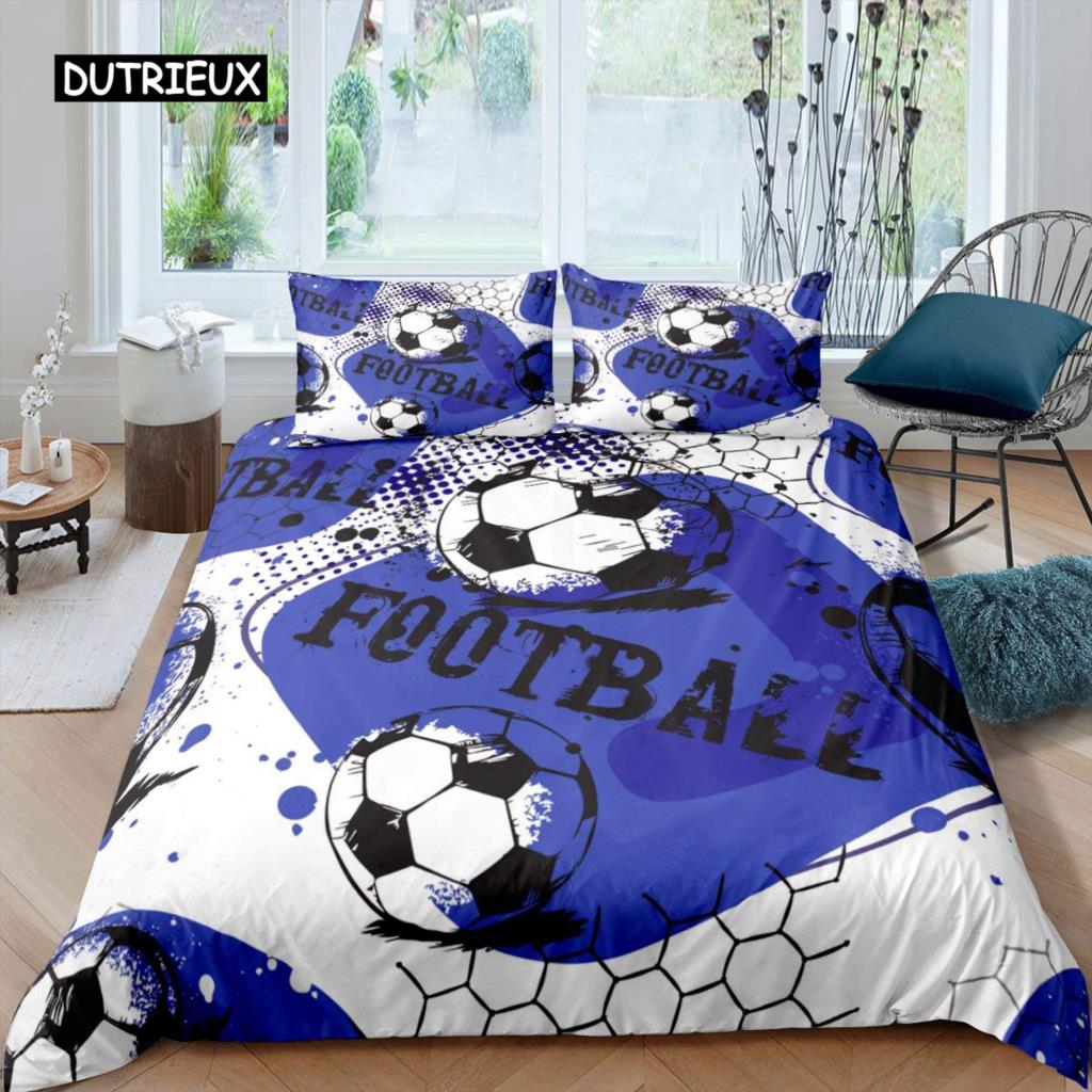 Футбольный комплект пододеяльников с рисунком футбольного мяча Комплект постельного белья с спортивной тематикой Микрофибра Цветной гранж-стиль Двуспальное одеяло King