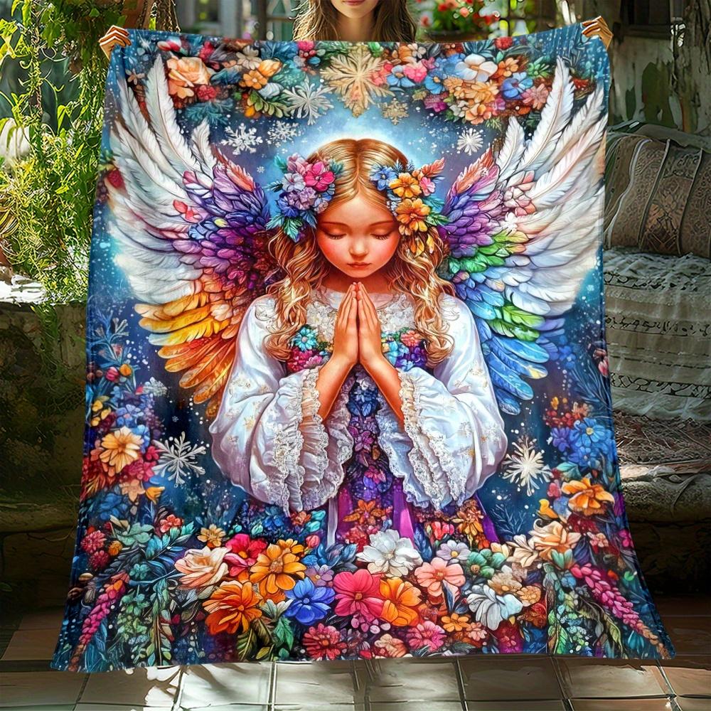 Angel Prayer Rainbow Wings Flower Fleece Blanket Spiritual Art Soft Throw Blanket Religious Decor Gift for Faithful and Artists