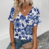 Summer Large Size Women's T-shirt Fashion Blue Flowers Print Leisure Elegant V-neck T-shirt Daily Comfortable Women's T-shirt
