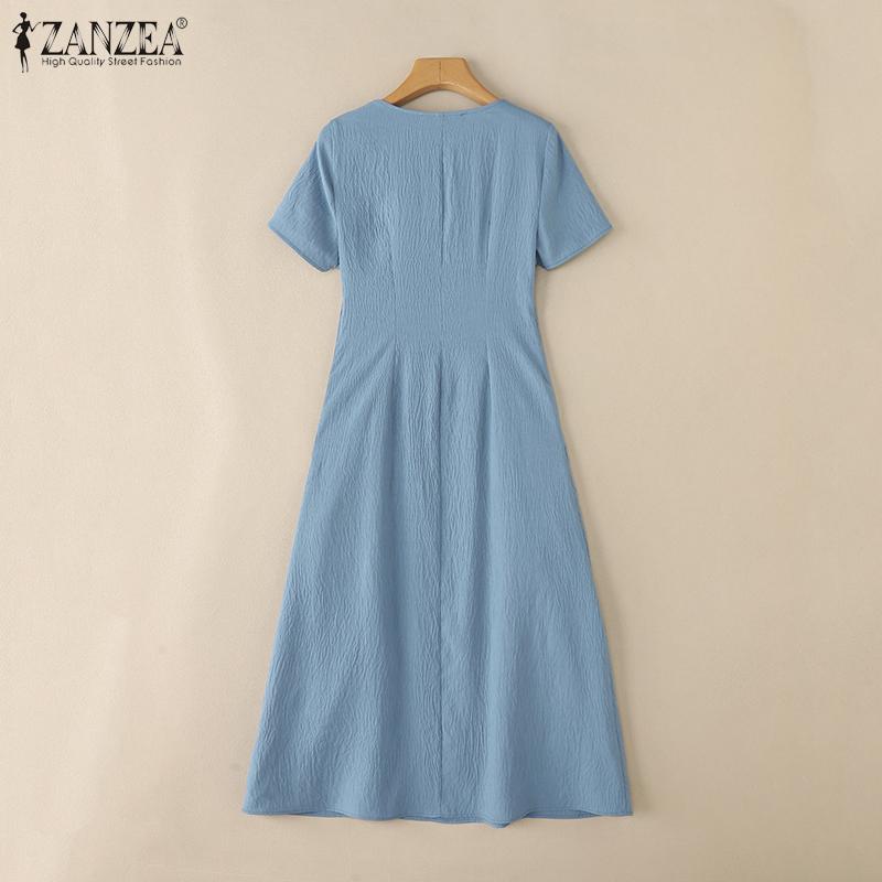 ZANZEA Women Casual Round Neck Solid Color Summer Short Sleeve Dress