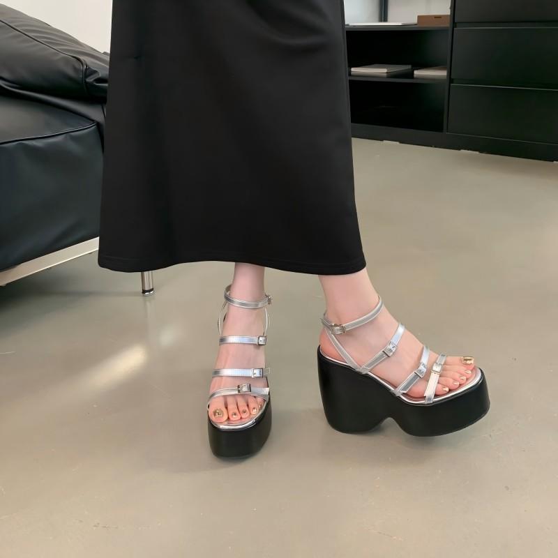 Черные/серебристые босоножки на толстой танкетке с толстой подошвой для женской обуви, летние, с открытым носком, с узкими полосками, с несколькими пряжками, на высоком каблуке 13 см, Samdal