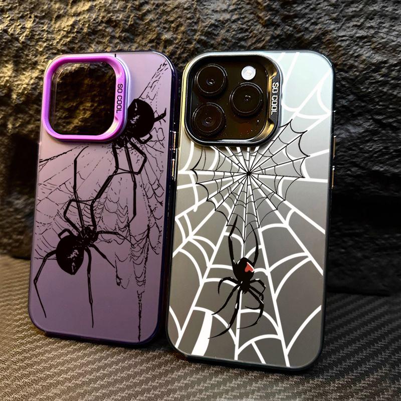 Spider Pattern Anti-drop Armour Case For iPhone 16 15 Pro Max 15 14 13 12 11 Pro XR XS X 7 8 Plus Lens Protect Plating Cover