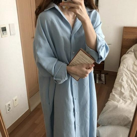 Korean Style Long Over-the-Knee Turn-Down Collar Cardigan Shirt for Women's Spring/Summer Sun Protection