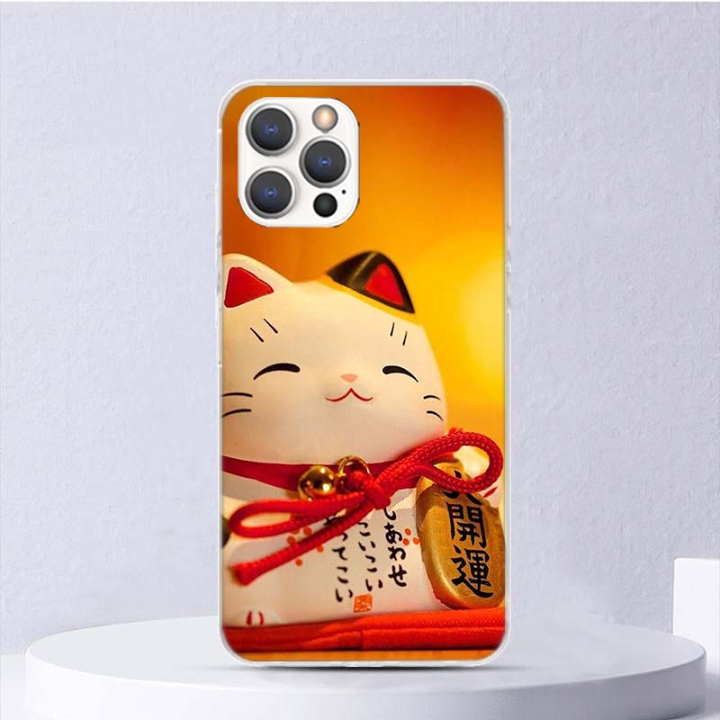 Счастливый Кот Манеки Неко Японский Мягкий Чехол Для iPhone 16 17 Air 16E 15 Plus 11 12 13 Mini 14 Pro Max Чехол Для Телефона Apple 7 8 SE Coqu