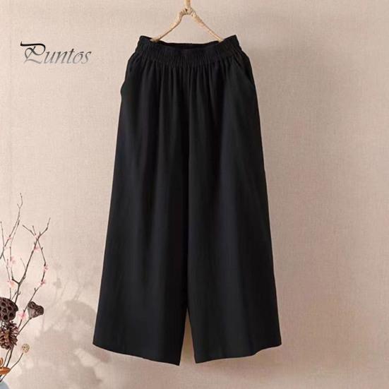 Женские укороченные брюки с эластичной резинкой на талии, широкие брюки со средней посадкой и карманами, однотонные свободные повседневные брюки