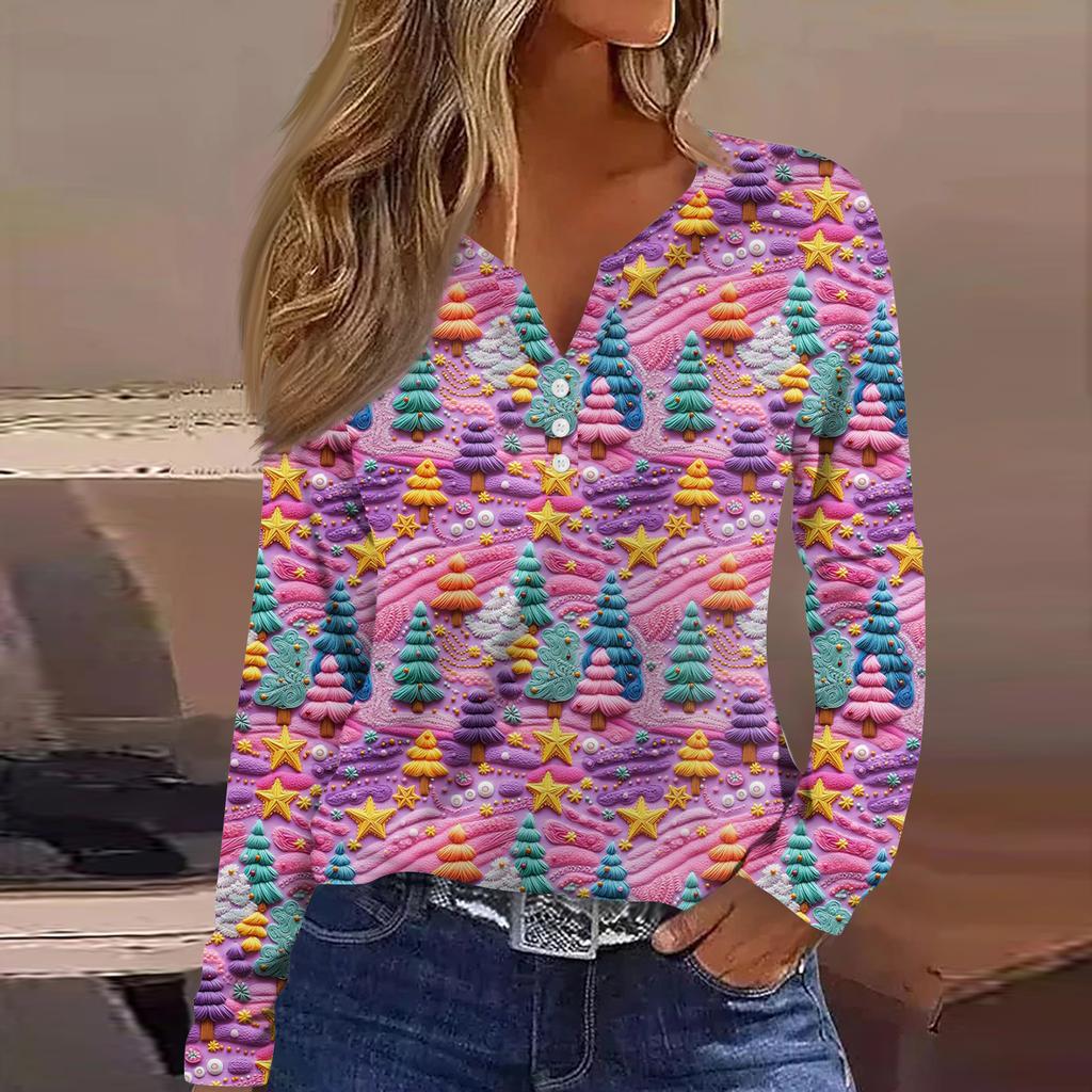 Women's Fashion Casual V-Neck Button-Up Long-Sleeve T-Shirt With Christmas Print Top