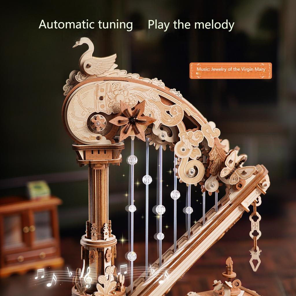 3D Wooden Puzzle Stringed Harp Music Box DIY Handmade Magic Cello Mechanical Music Box with Moveable Stem Creative Toy AMK71