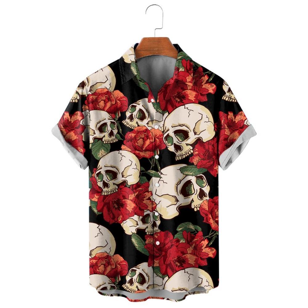 Модные мужские рубашки с цветочным принтом в виде черепа, забавный 3D-принт черепа, уличная одежда, футболки с коротким рукавом, гавайские рубашки с принтом на лацканах для мужчин