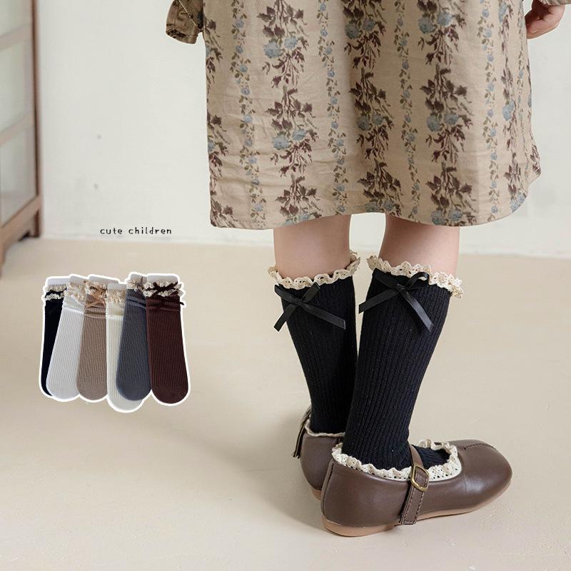 Милые детские носки принцессы для девочек в стиле ретро с кружевом и бантом, детские носки из мягкого хлопкового ворса для школы на весну и осень