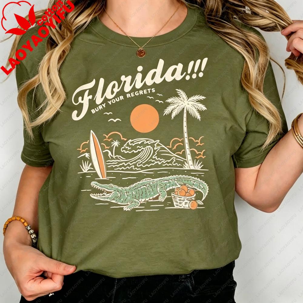 Funny Florida Bury Your Regrets Graphic Tshirt Summer Vacation Unisex Cotton Short Sleeve Florida Getaway Casual Daily Outfit