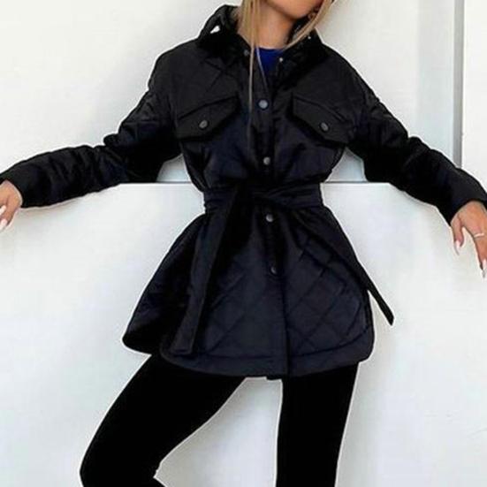 Женское пуховое пальто однотонное с лацканами, утепленное, с поясом, кардиган, сохраняет тепло, однобортное