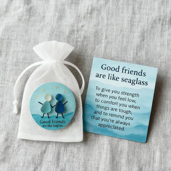 Friendship Sea Glass Christmas Ornament Inspirational Card with Acrylic Charm In Mesh Bag Meaningful