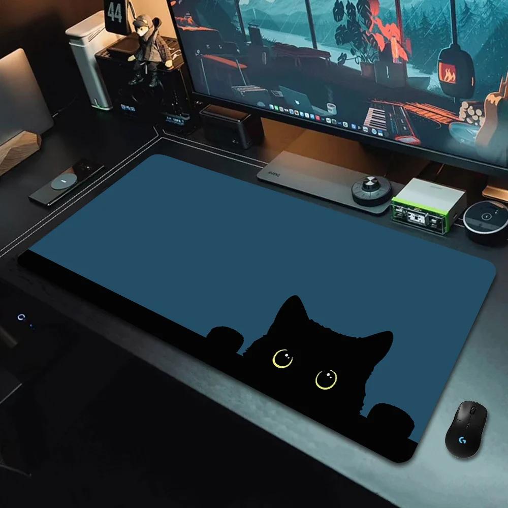 Большой Милый Коврик для Мыши Каваи Черный Кот Котенок Игровой Коврик для Клавиатуры XxL Аксессуары для Ноутбуков Резиновые Накладки на Стол Офисный Ковер