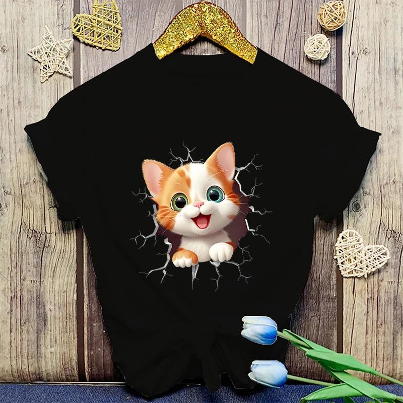Горячие милые футболки с коротким рукавом и принтом кошек, женские повседневные футболки, летние женские футболки с круглым вырезом