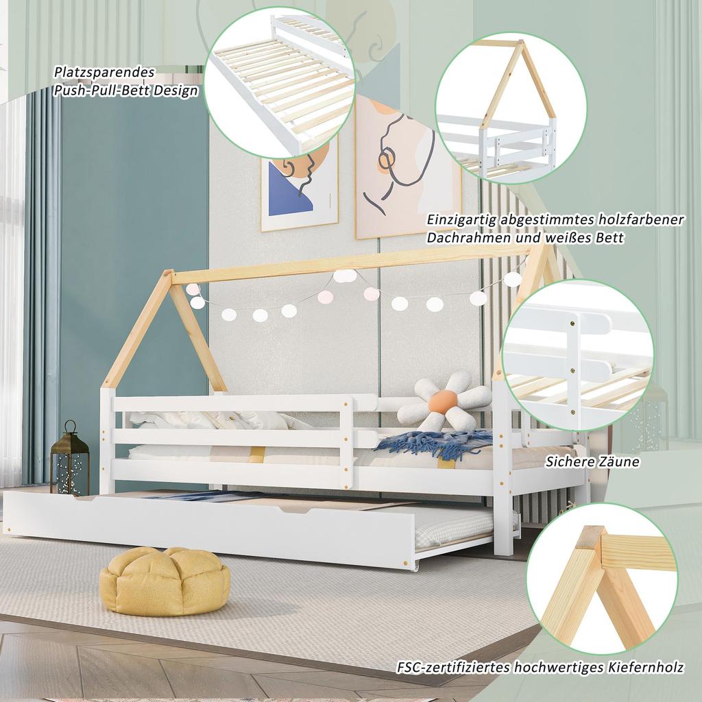 Children's Bed Fliek House Bed 200x90cm with Fall Protection and Slatted Frame, Daybed with Rollers Underneath for Girls & Boys, White+Natural-colored