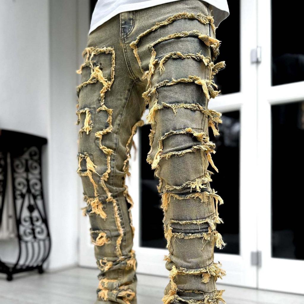 New Men's Denim Straight Leg Jeans Street Fashion Ins Colorful Stretch Patch Denim Straight Leg Jeans