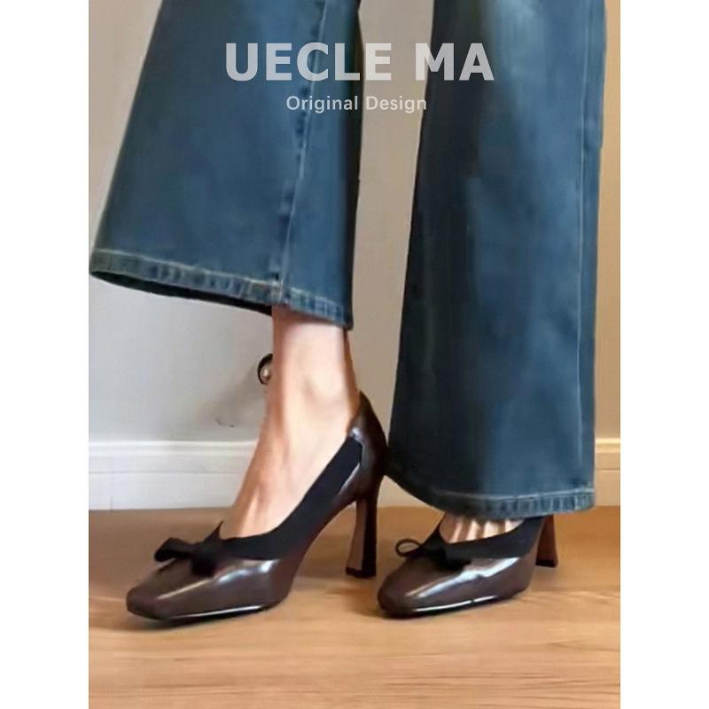 Sheepskin Version~ Square Head Single Shoes Women's Bow Shallow Mouth Evening Shoes Temperament Is Not Tired Feet Thick Heels High Heels