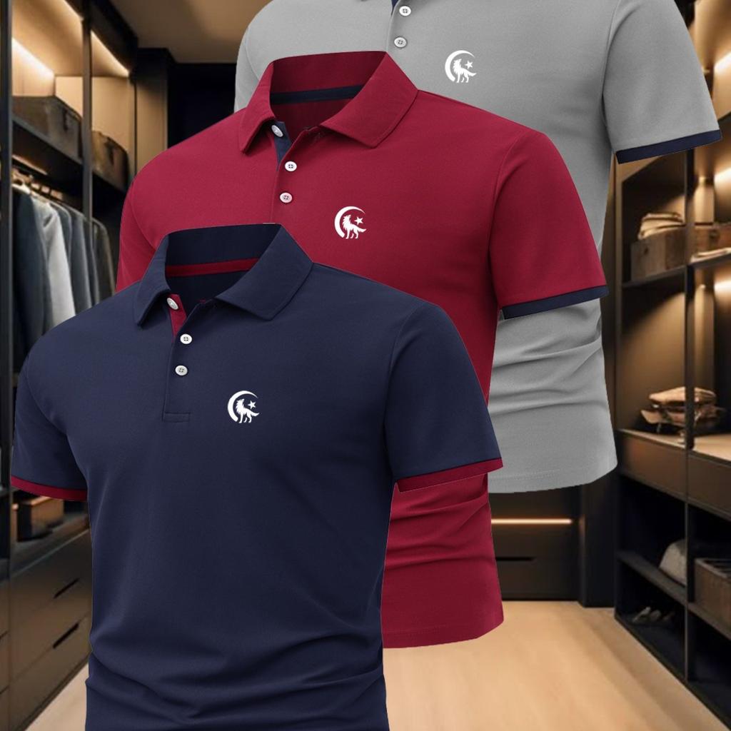 Men'S Polo Shirt Set with Wolf Print, Stylish And Suitable for Business Casual Wear, Comfortable And Breathable Short-Sleeve Polo Shirt for Summer