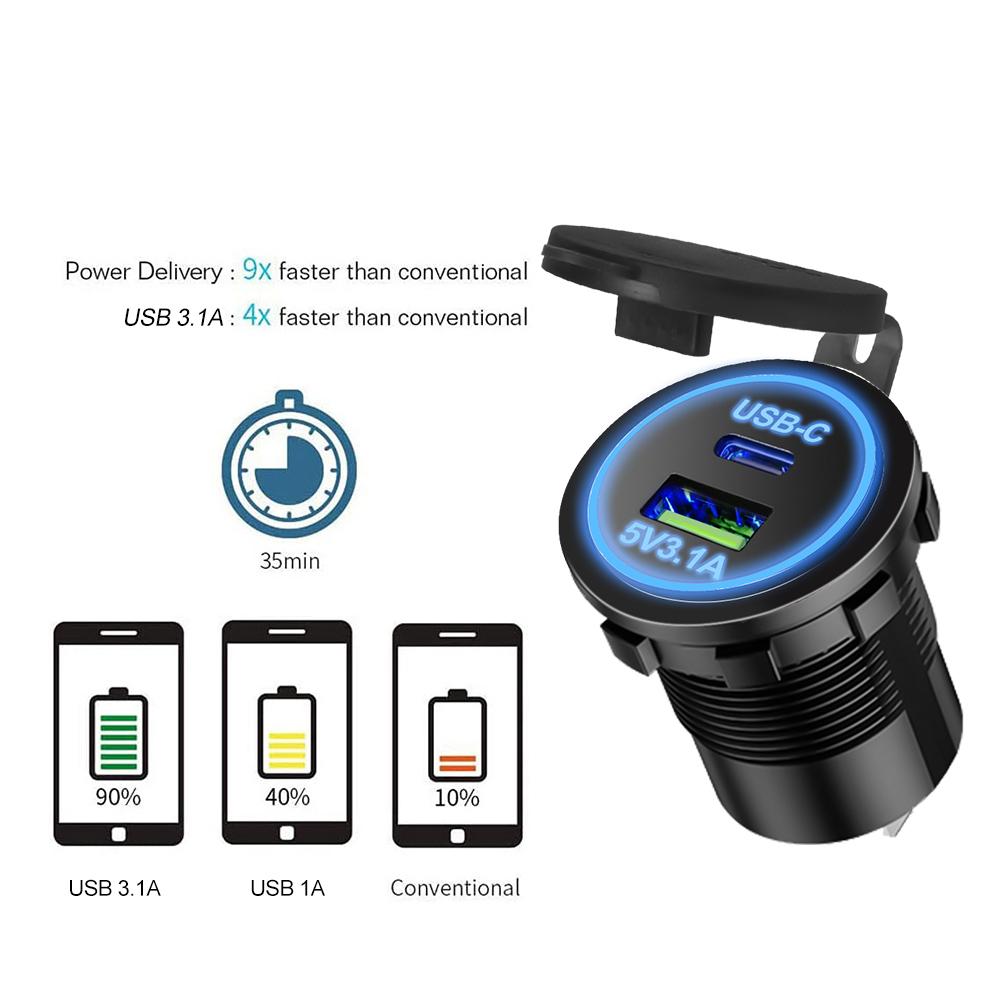 Автомобильное зарядное устройство QC3.0 с функцией быстрой зарядки мощностью 30 Вт, водонепроницаемая розетка с двумя портами USB Type-C и USB-A и светодиодным дисплеем для iPhone, Samsung, Android 12–24 В