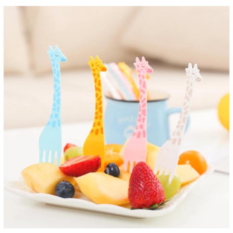 12 PCs Set Giraffe Fruit Fork Cute Children's Plastic Tableware Set Creative Tableware Dessert Fork