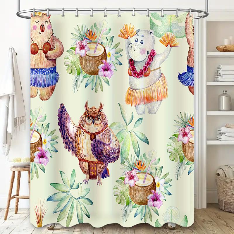 Exotic Animal Print Shower Curtain Watercolor Art Decorative Bathroom Decor Pink Purple White Green Leaves Perfect for Kids Bath