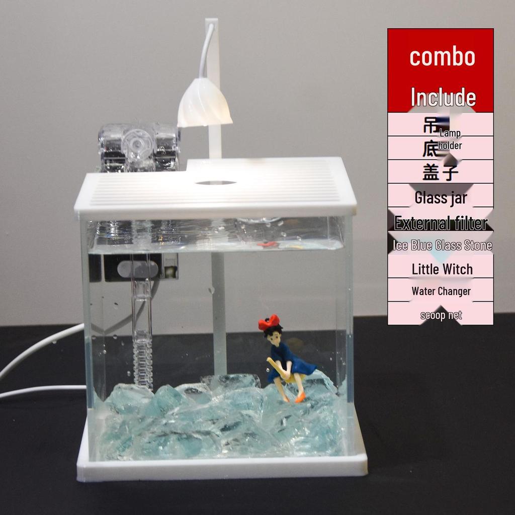 Mini Ultra-White Glass Fish Tank with Rose Light - Transparent Betta Tropical Fish Eco-Tank