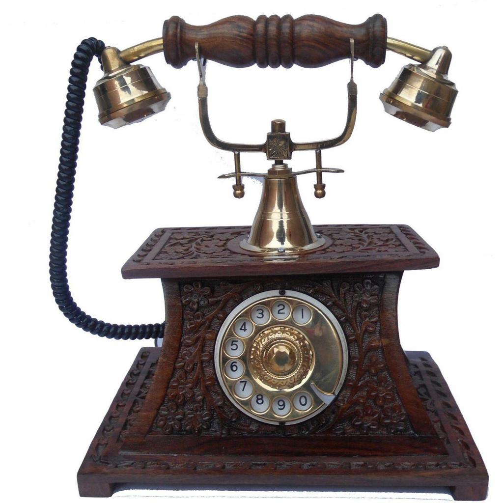 Shesham Wood & Brasss Made Operationall Telephonee With Well Carving On It Decorative Showpiece - 23 Cm (Brass, Brown)