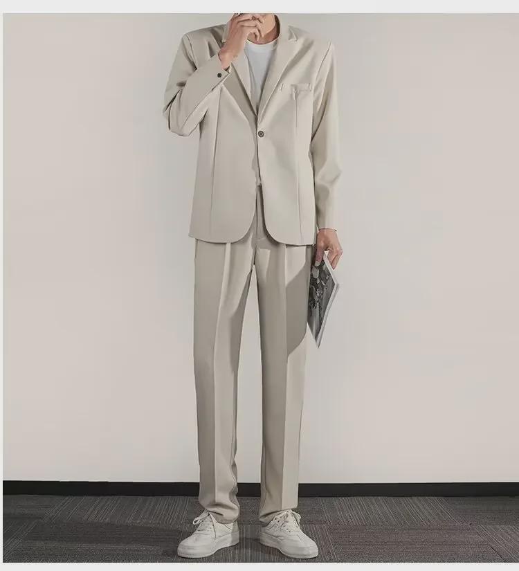 Мужской модный повседневный деловой костюм в корейском стиле, весна 2024 г., элегантный однотонный, не требует глажки
