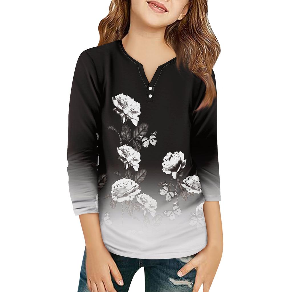 Детская футболка с рукавом 3/4, повседневная футболка с принтом, круглый вырез, блузка-пуловер