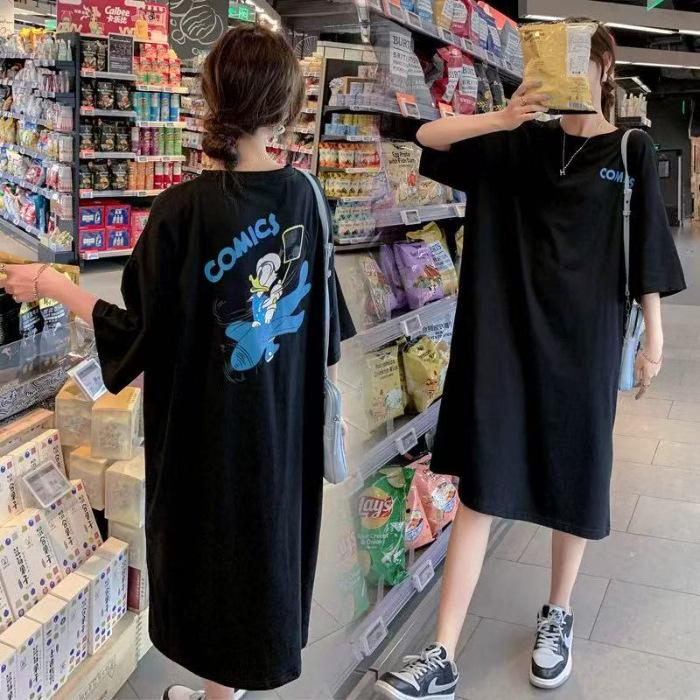 Letter print short-sleeve dress for women, new summer round neck loose slimming versatile casual slit T-shirt