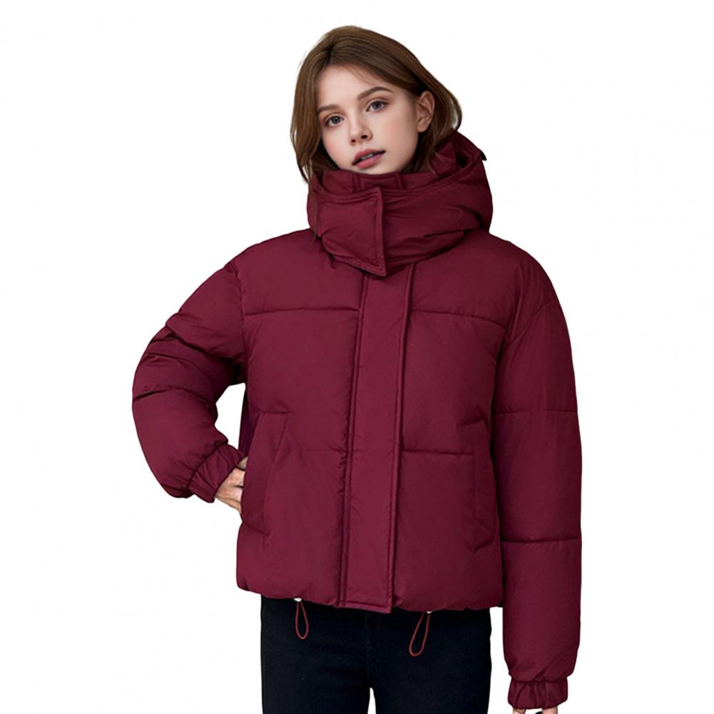 Winter Women Cotton Jacket Stand Collar with Hood Neck Short Type Pockets Zipper Closure Padded Coat Solid Color Wind