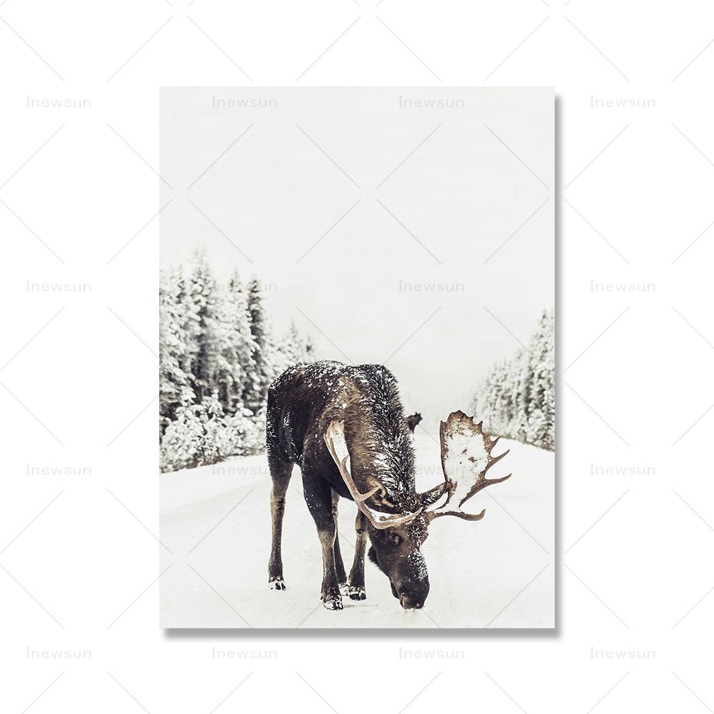 Зимний принт бревенчатая избушка с лосем настенное искусство лесной рождественский декор деревенский зимний холст постер современный скандинавский декор для гостиной