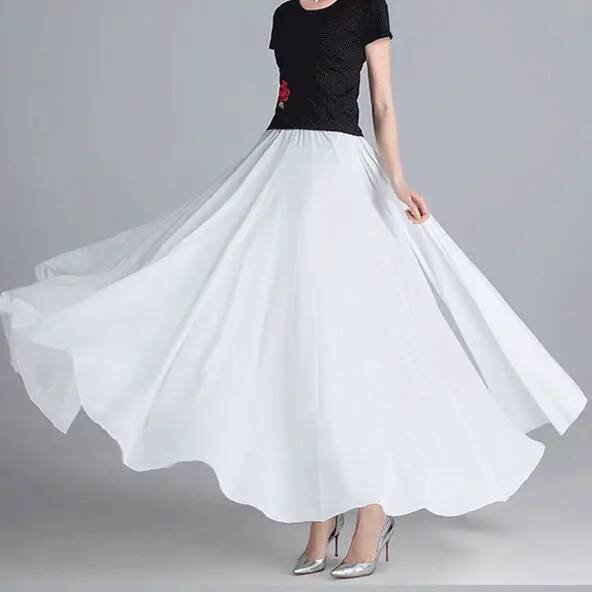 Dance Skirt Women Double Have Liner Chiffon Skirts Elastic Waist Ruffled Maxi Skirts Elegant Female Big-hem Skirts 720 Degrees