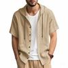 Men's Linen Hooded Shirt Solid Color Short Sleeve Shirt Loose Fit Button