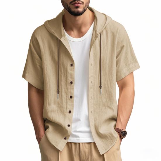 Men's Linen Hooded Shirt Solid Color Short Sleeve Shirt Loose Fit Button