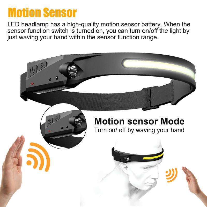 Cob Led Фара с датчиком движения, 5 режимов, 350 Лм, 230 градусов, USB аккумуляторная регулируемая повязка на голову