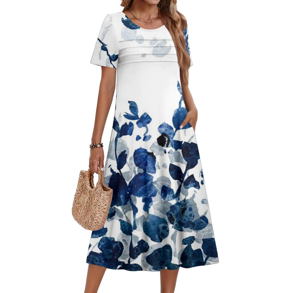 Женское повседневное и модное платье с цветочным принтом, короткими рукавами и круглым вырезом.