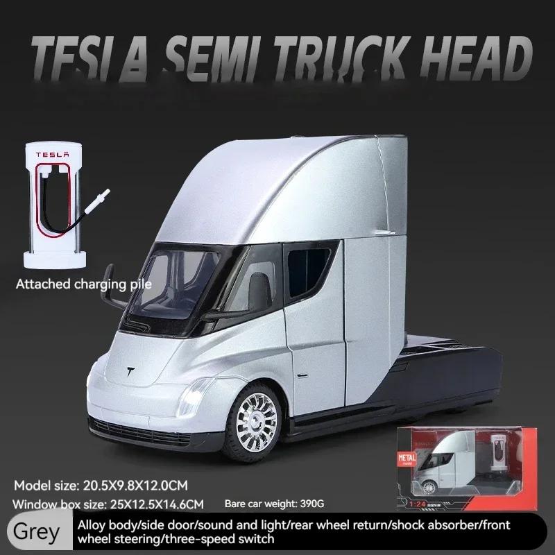 1/24 Scale Tesla Semi Truck Trailer Metal Alloy Diecast Truck Trailer Model Sound & Light Collection Car Model Toy Gift with Boys C325